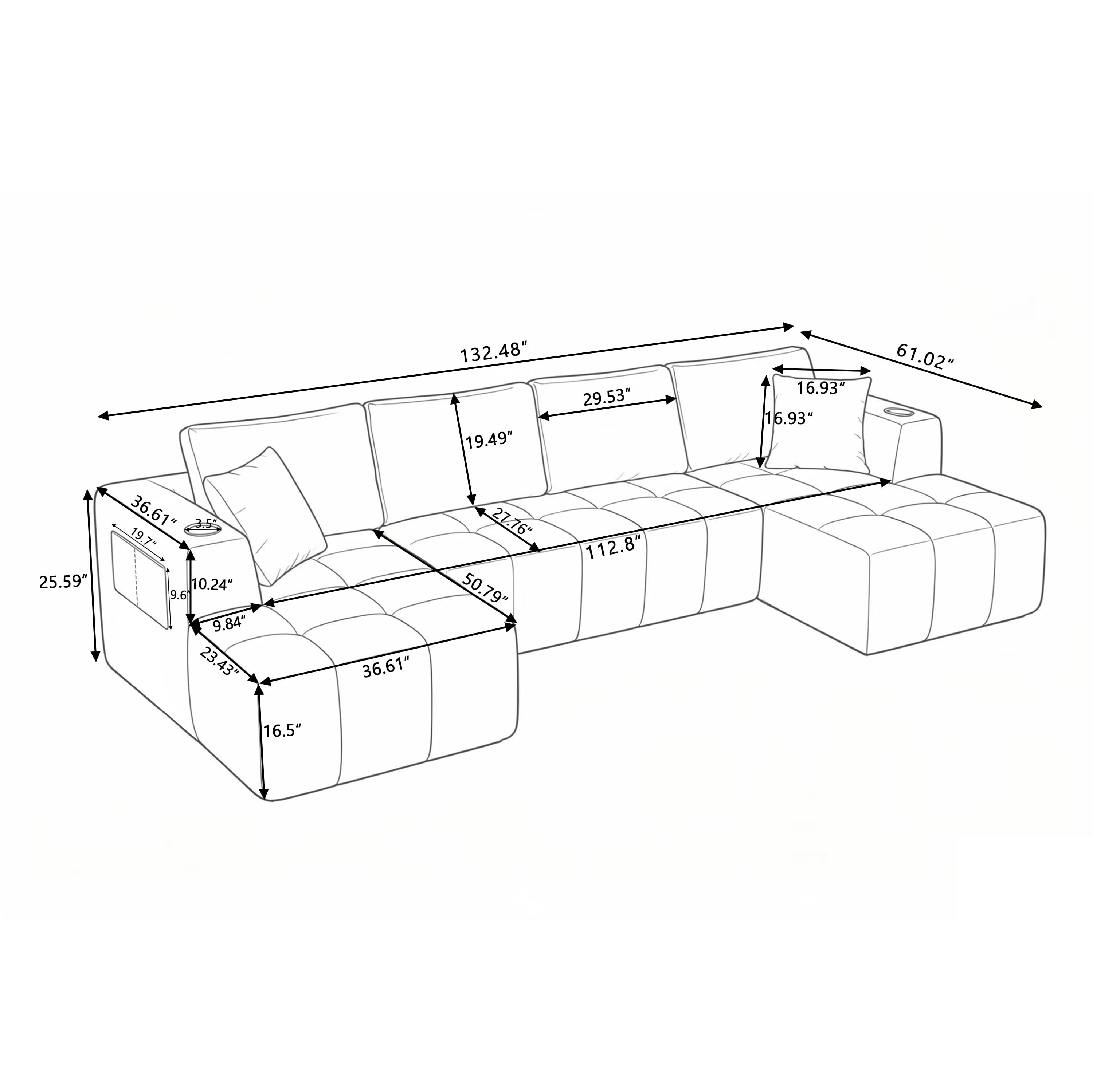 Howcool 132" U-Shaped Modular Cloud Couch, Oversized Deep Seat Chenille Sectional Sofa with Double Chaise, Boneless Comfy Couch with Cup Holders & Side Pockets, No Assembly Required, Black