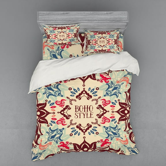 Ambesonne Flower Bedding Set 4 Pcs, Ornate Floral Ethnic, Queen, Maroon Beige Violet Blue