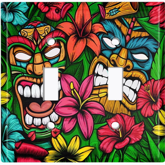 Metal Light Switch Wall Plate Outlet Cover (Printed Image of Tropical Tiki Pop Art - Double Toggle)