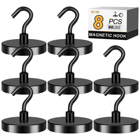 Magnetic Hooks, 80 Lbs Strong Magnetic Hooks for Hanging, Heavy Duty Magnetic Hooks for Cruise Cabin, Powerful Magnets with Hooks for Lockers, Fridge, Toolbox, etc, Black (Pack of 8)