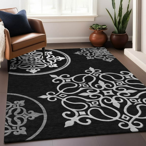 Addison Rugs Chantille Indoor/Outdoor Transitional Scrolls Black Washable Rectangle Rug, 9' x 12'