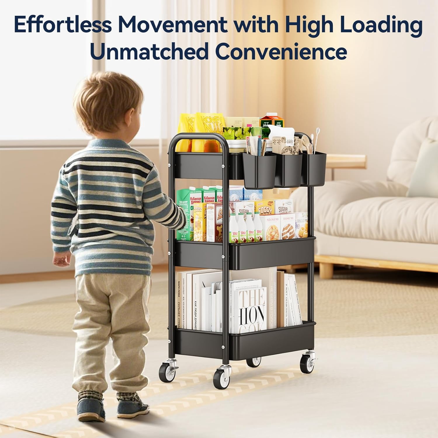 3-Tier Rolling Utility Cart with Wheels, Hanging Cups, Hooks, Heavy Duty Mesh Storage Organizer for Kitchen and Office, Lightweight Sturdy Craft Cart