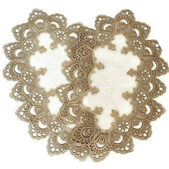Doily Boutique Placemats Set of 2 with Gold European Lace on Antique White Fabric Size 12 x 18 inches