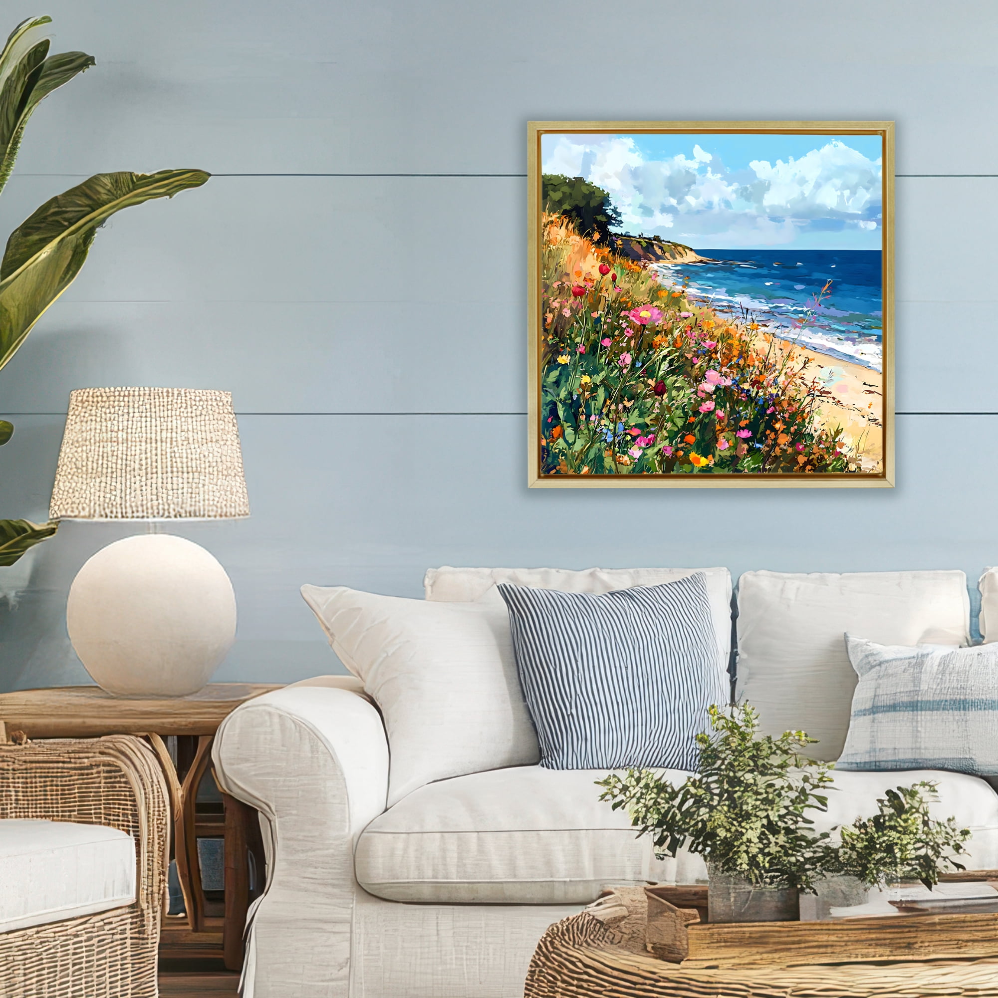 Stupell Industries Enchanted Oceanside Meadow Gold Framed Floater Canvas Wall Art, design by Creative Studio