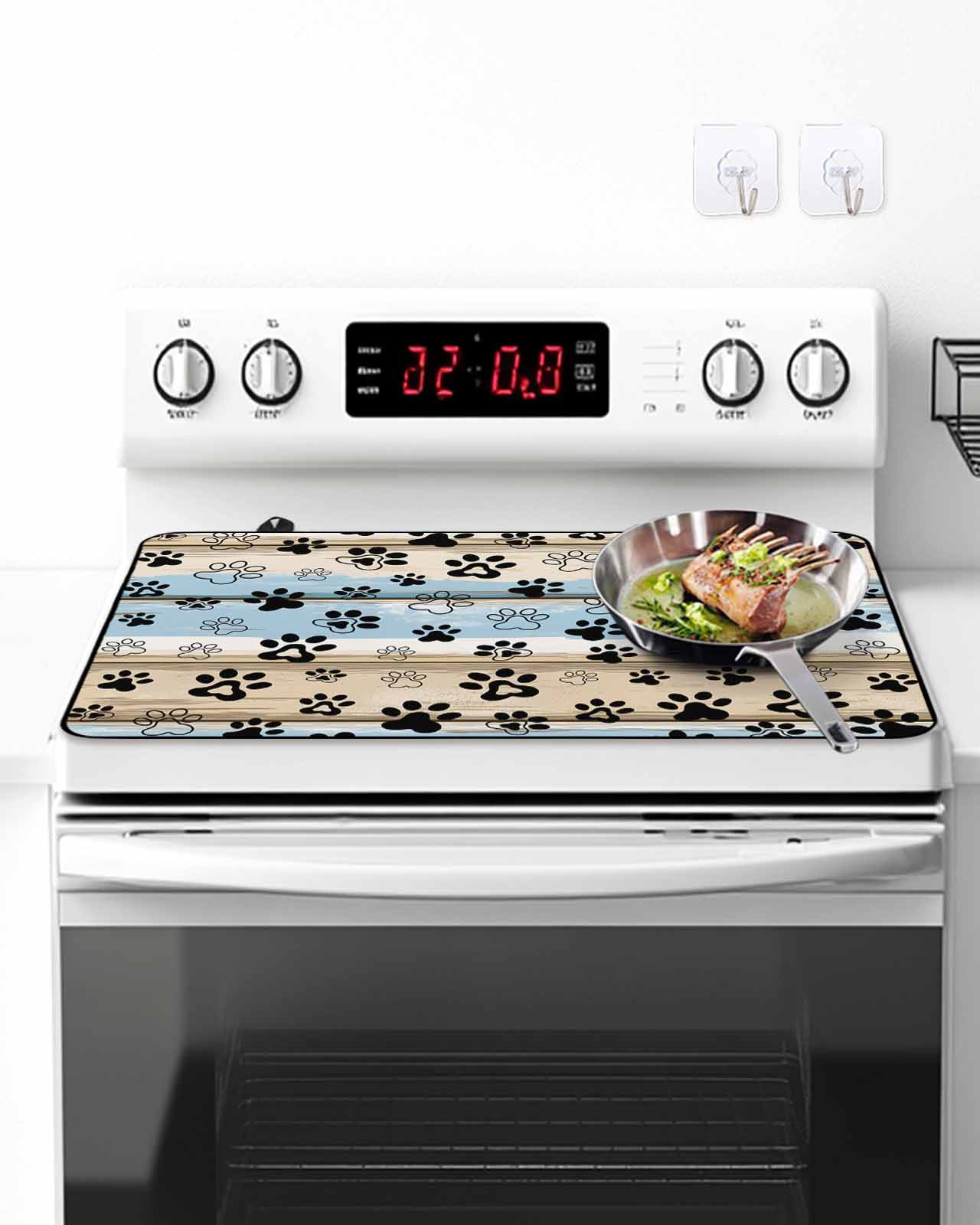 Stove Top Covers for Electric Stove, Blue Dog Paw Print Glass Stovetop Cover Protector, Vintage Farmhouse Rustic Wooden Grain Induction Cooktop Protector Oven Mat for Kitchen Countertop 24"x21"