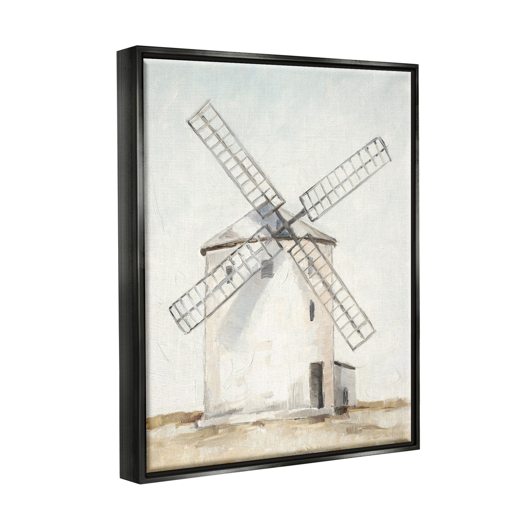 Stupell Industries Windmill Farm Landscape Neutral Blue Brown Painting Jet Black Framed Floating Canvas Wall Art, 24x30, by Ethan Harper