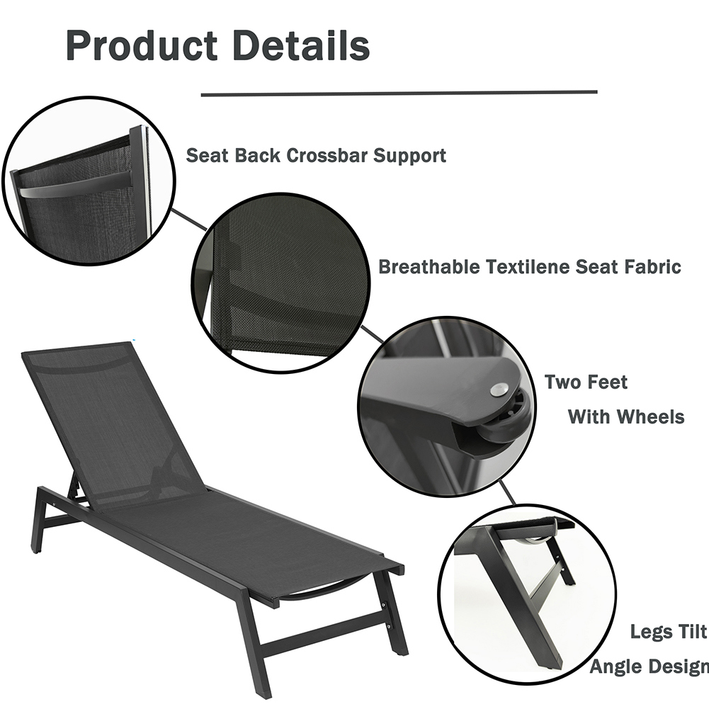 Kepooman Outdoor Chaise Lounge Chair, Adjustable Lightweight Portable Beach Lounge Chair for Patio, Garden, Pool, Lawn, Deck, Sunbathing, Camping Reclinging Chair, Black - image 3 of 8