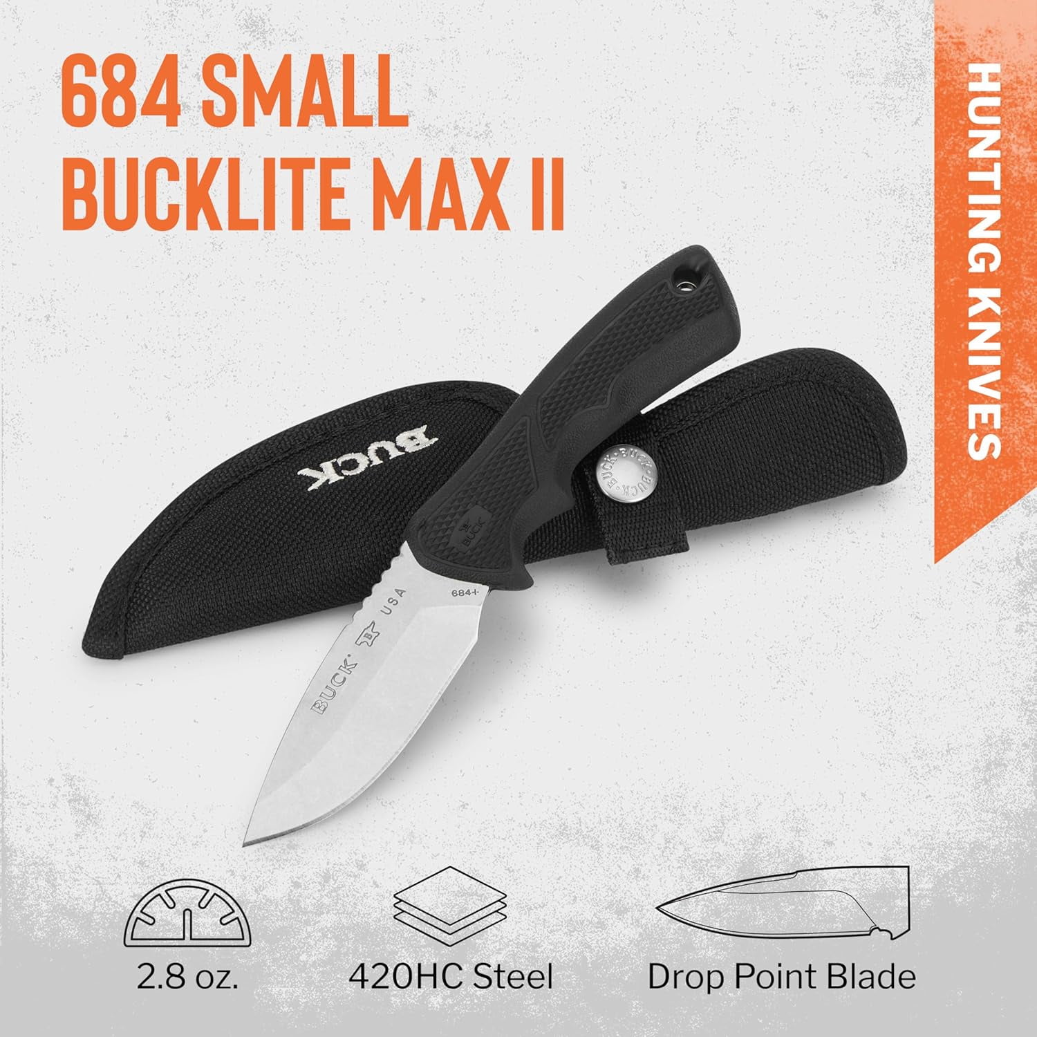 Buck Knives 684 Small BuckLite Max II Hunting Knife, 3-1/4" Fixed Blade, Rubber Handle, 2.8 oz