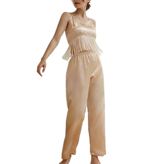 MIASHUI Women's Fringe Camisole Top Long Pants Two-Piece Pajama Set Sleepwear Loungewear Comfortable Homewear Elegant Outfit Rose Gold,M