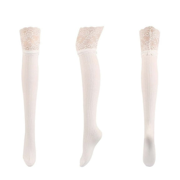 Diufon Women's Thigh High Socks Soft Lace Striped Over the Knee Socks Cotton Solid Color Stocking for Women