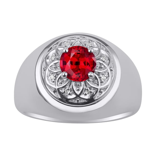 RYLOS Men's Rings Sterling Silver Designer Gypsy 7MM Round Gemstone & Diamond Ring Ruby July Birthstone Rings Size 8