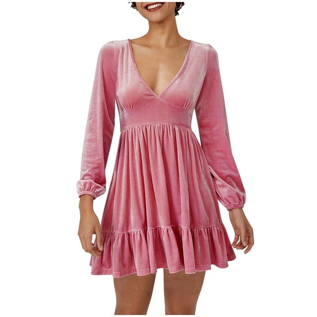 QIPOPIQ Robe à Manches Longues pour Femme à Col en V Robe Décontractée Robe à Col en V à Manches Longues Robe Longue à Taille Liquidation