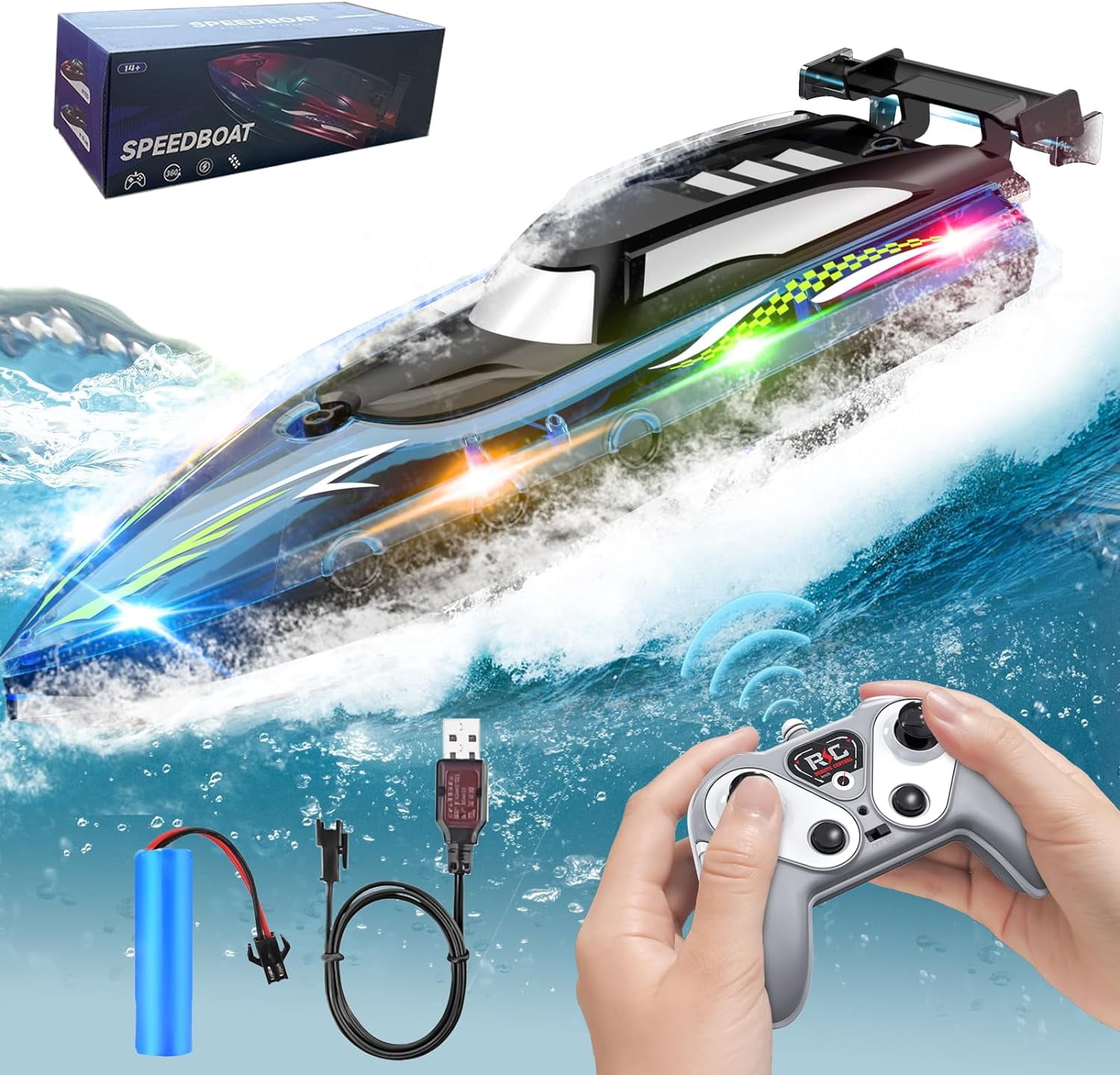 Remote Control Boat with LED Light Adults, 2.4Ghz Full Proportional RC Boat, Remote Control Boat for Pools and Lakes, 30 Min Running Time, Pool Toys