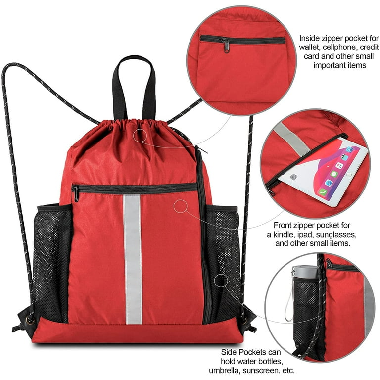 Drawstring Backpack Sports Gym Bag With Shoe Compartment and Two Water Bottle Holder