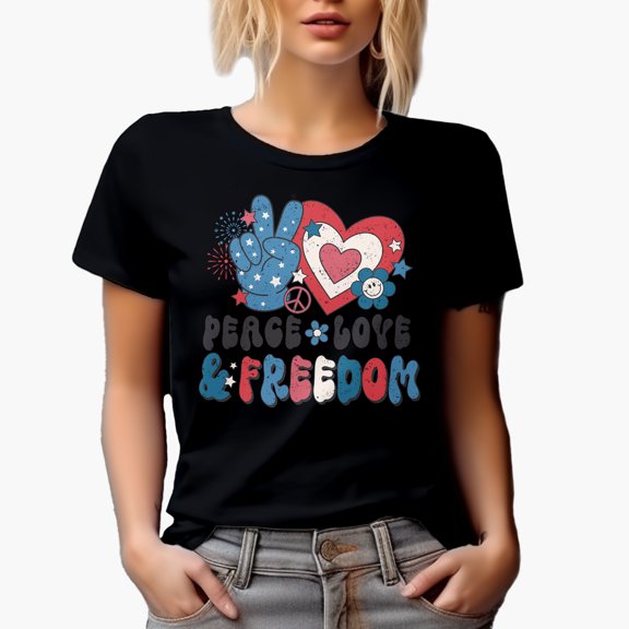 Distressed Peace, Love & Freedom, 90s Retro 4th of July Art Merch Gift, Black T-Shirt, Small