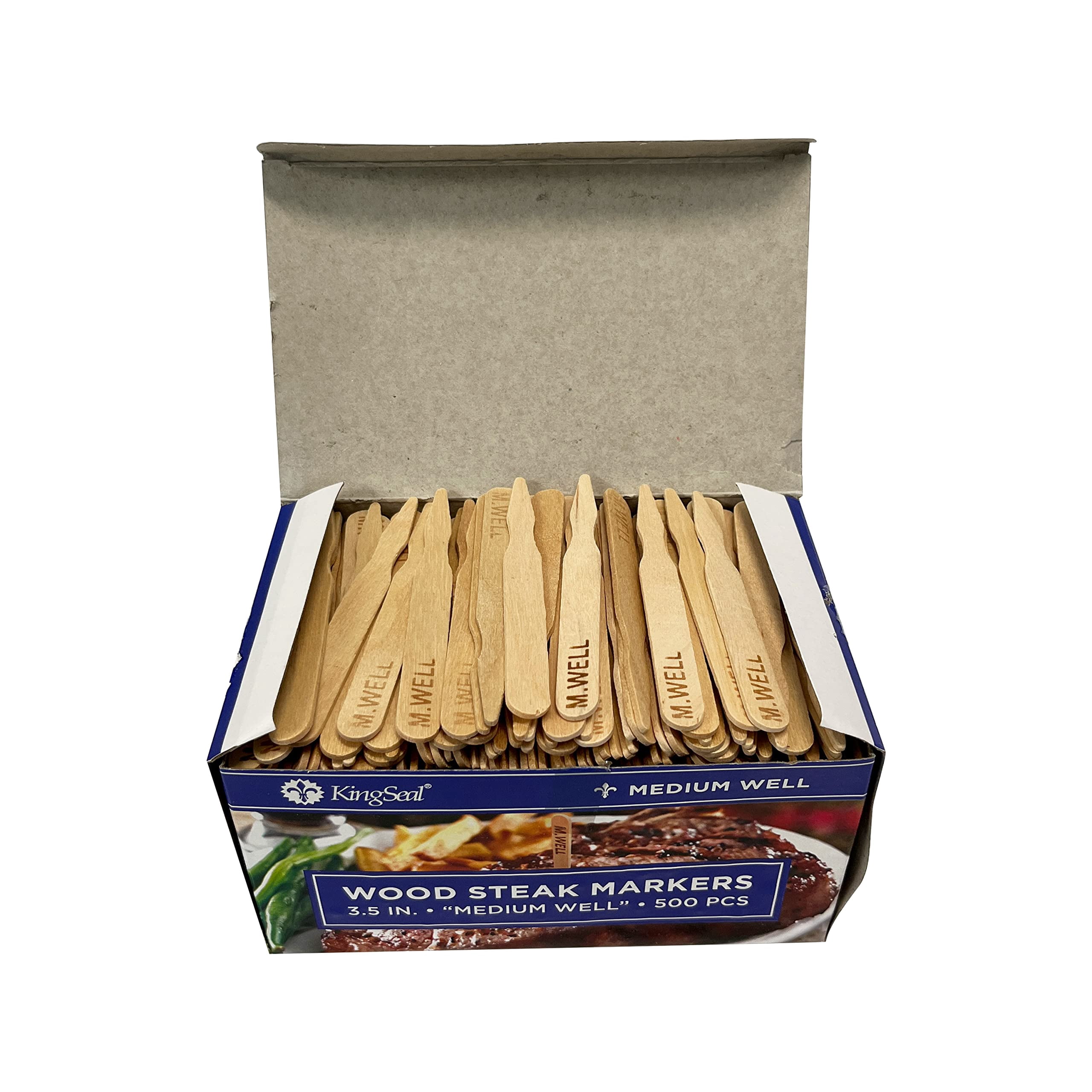 KingSeal 3.5 Inch Natural Birch Wood Steak Markers, Heat Stamped, MED Well, Commercial Bulk Pack - 10 Boxes of 500 (5,000pcs Total)
