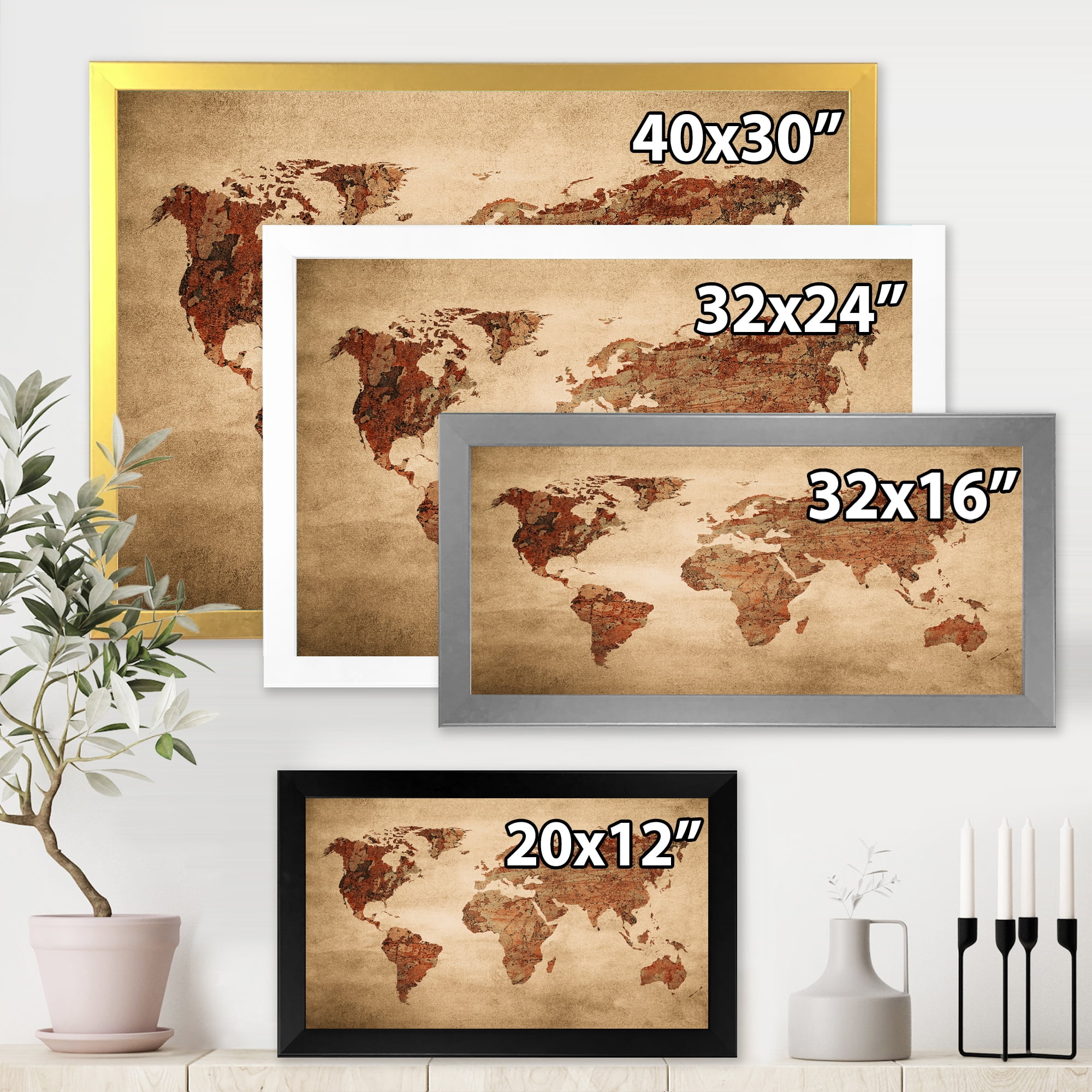 Designart 'Ancient World Map VII' Vintage Framed Art Print