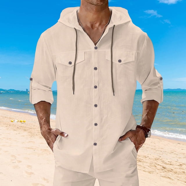 Ceisia Men's Regular Fit Cotton Linen Blend Hooded Roll-Tab 3/4 Sleeve Solid Color Casual Shirt Gifts