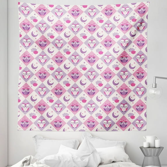Owls Tapestry, Sleeping Owls in Diamond Pattern Half-Moon Stars Clouds Night Time Goodnight Art, Fabric Wall Hanging Decor for Bedroom Living Room Dorm, 5 Sizes, Pink Lavender, by Ambesonne