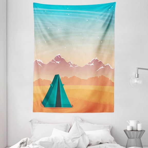 Camping Tapestry, Travel Tent on a Barren Rural Autumn Field Distant Snowy Mountains and Starry Sky, Wall Hanging for Bedroom Living Room Dorm Decor, 60W X 80L Inches, Multicolor, by Ambesonne