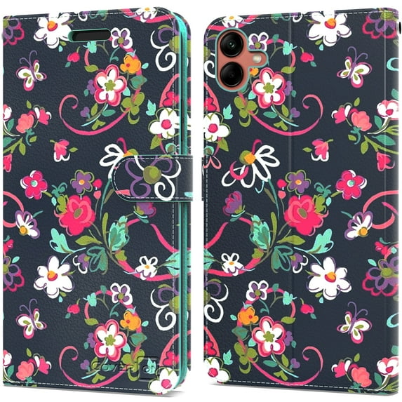 CoverON For Samsung Galaxy A04 Wallet Case, RFID Blocking Vegan Leather 6x Card Slot Holder Cover Flip Folio Phone Pouch, Navy Flower