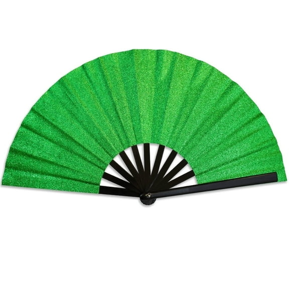 Glitter Green Large Hand Fan- Folding Handheld Fan for Raves, Parties, Costumes, and Dancing