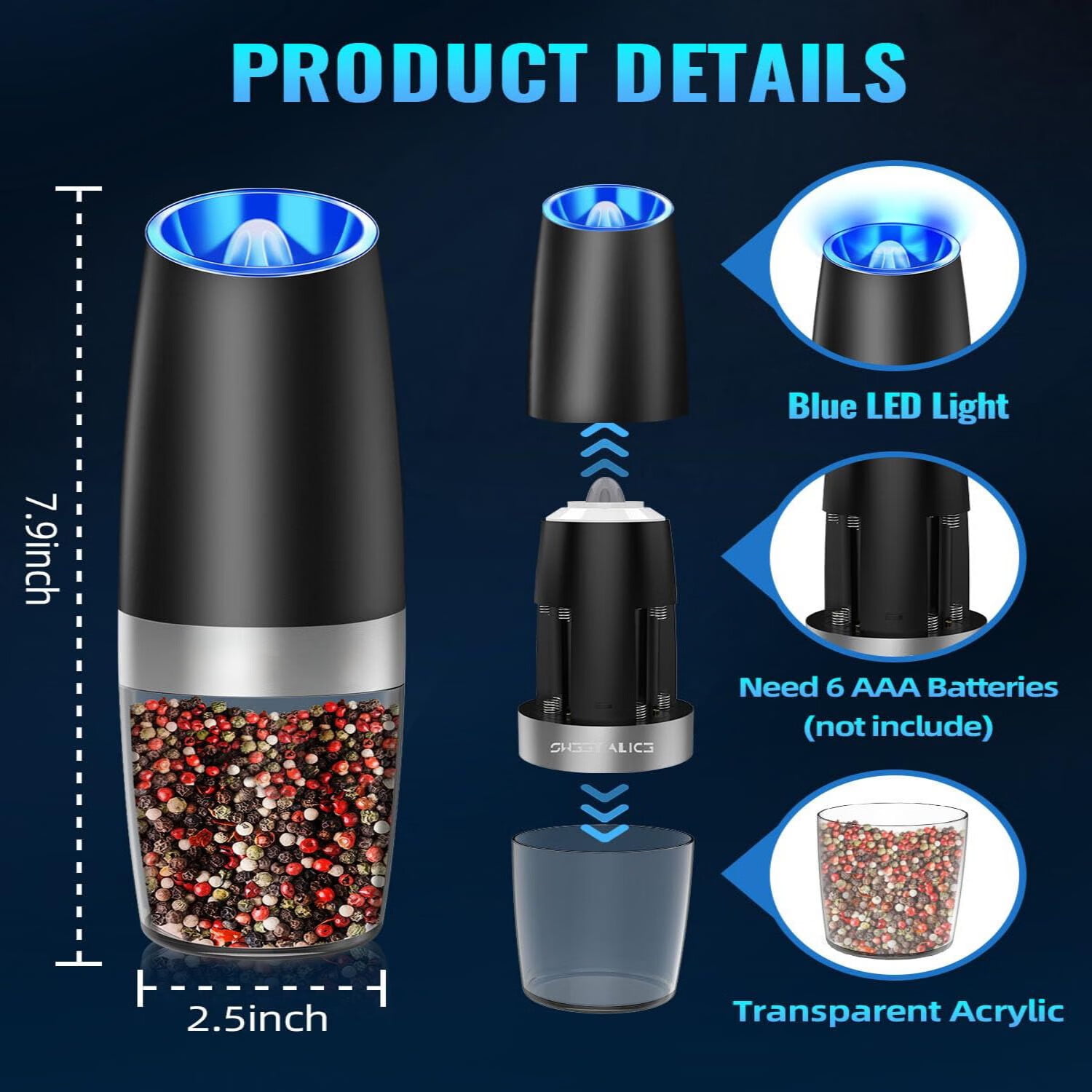 2 Pcs Electric Salt And Pepper Grinder Set Battery Operated One Hand Automatic Operation, Adjustable Coarseness Mill Grinders Shakers Led Light Stainless Steel, Kitchen Gadgets Gifts Ideas