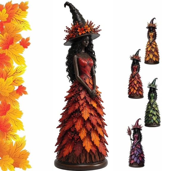 Enchanted Autumn Witch Figurine Fall Witch Decor Halloween Tabletop Statue with Leaf Gown Seasonal Resin Witch Decoration for Mantel Shelf Home Forest Spell,Saffron,L