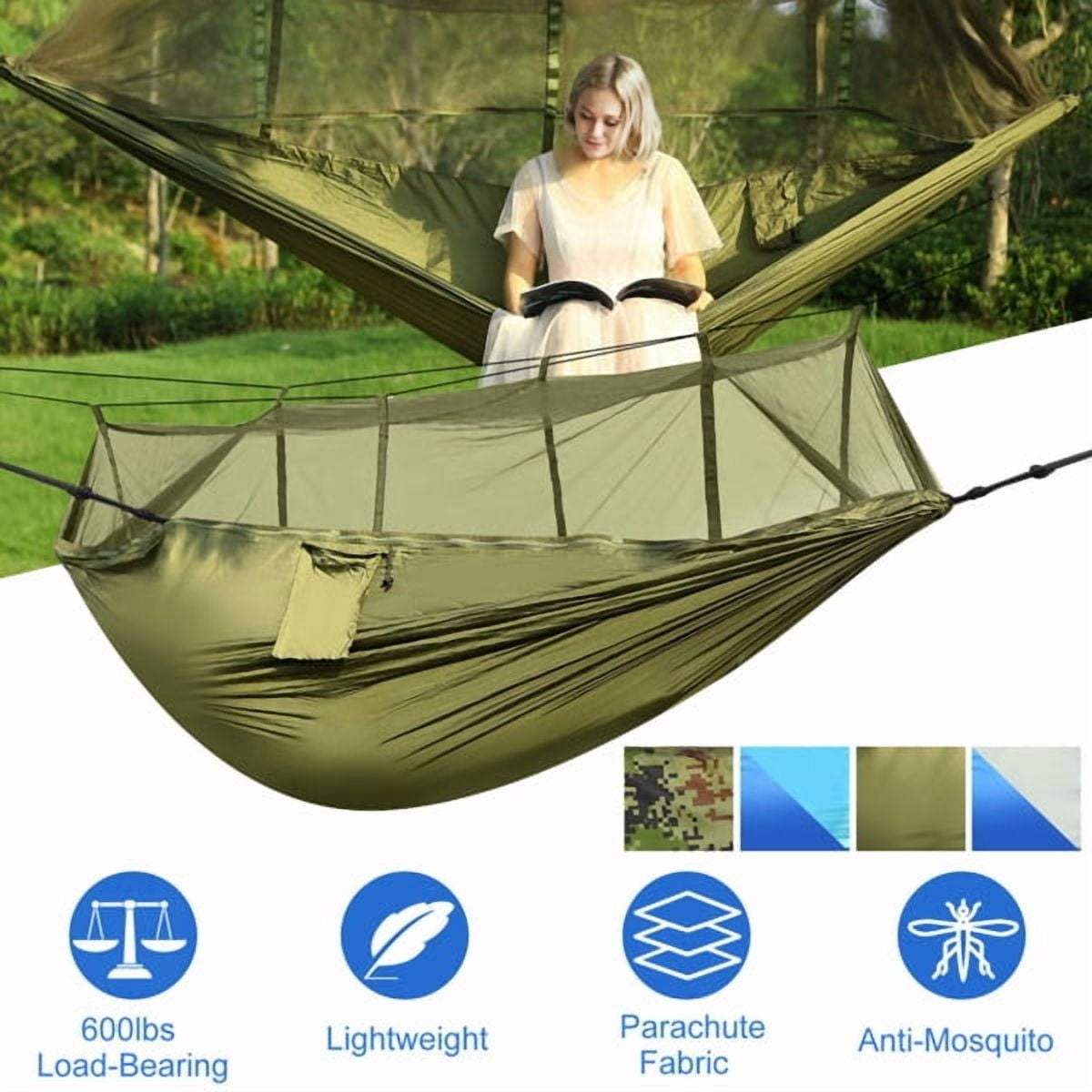 Camping Hammock, Portable Double Hammock with Net,600lbs Load 2 Persons Hammock w/Mosquito Net Outdoor Hiking Camping Hommock Portable Nylon Swing Hanging Bed w/ Strap Hook Carry Bag