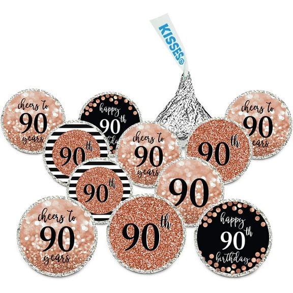 Koyal Wholesale Glitzy Rose Gold Chocolate Drop Labels, Cheers to 90, 240-Pk
