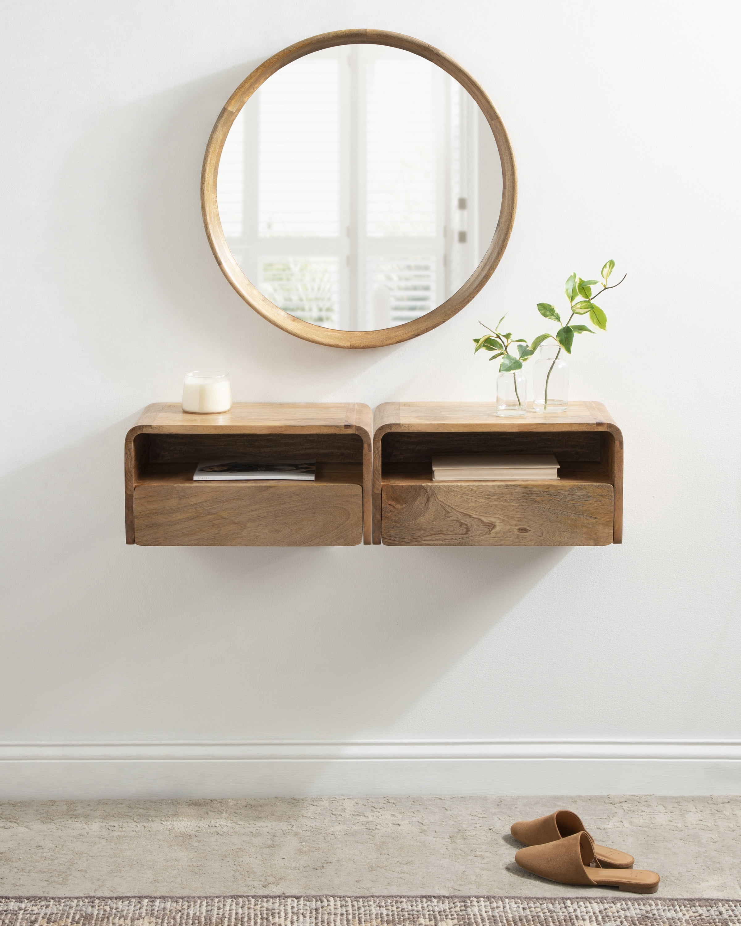 Kate and Laurel Kato Transitional Wood Floating Side Table with Drawer, 18 x 10 x 9, Natural Brown, Modern Wooden Floating Nightstand for Bedroom Bedside Table