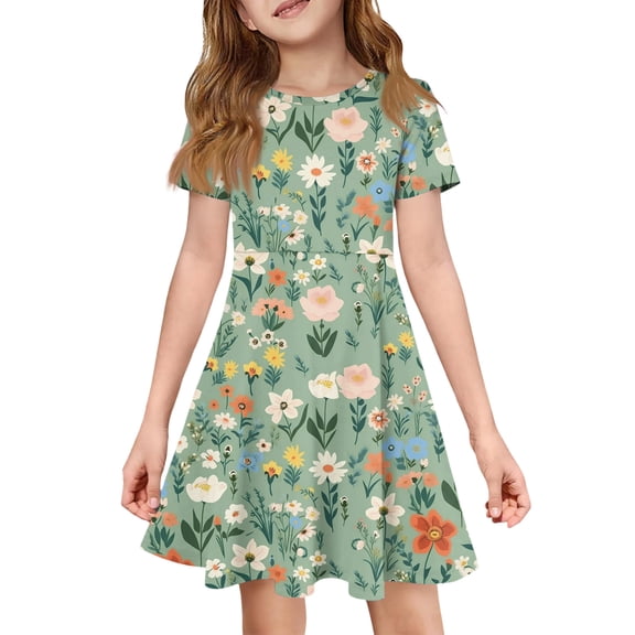 XADYUY Girl's Summer Casual Dress Casual A-Line Short Sleeve Girls Tshirt Dresses Daisy Flower Print Crew Neck Sundresses Loose Swing Dresses with Pockets,11-12Years,Green