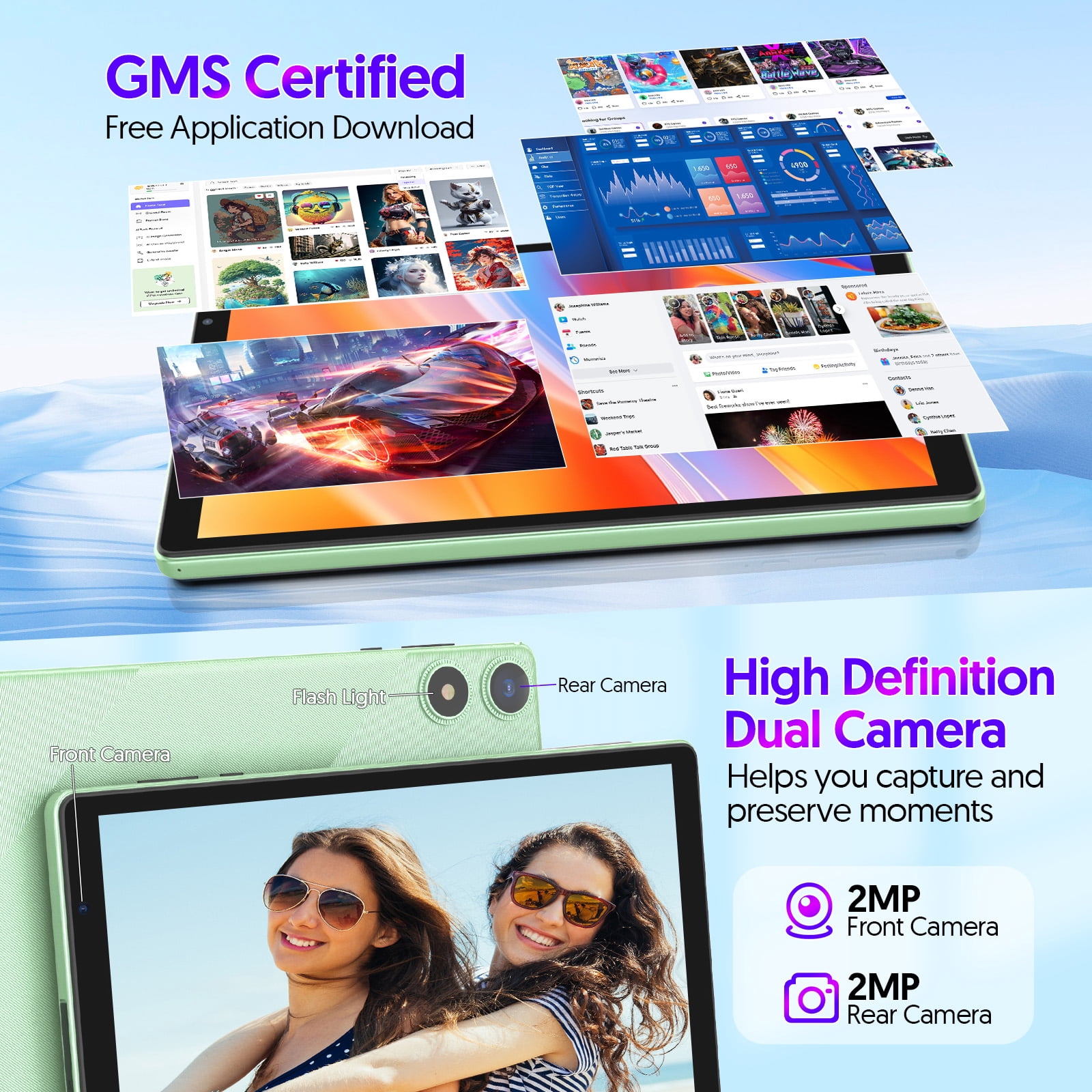 Android 16 Tablet, 10.1 inch, Five-core CPU, RAM 3GB, ROM 32GB (Up to 1TB), 800x1280 IPS, 5G WiFi 6, 2MP+2MP, 6000mAh-Green
