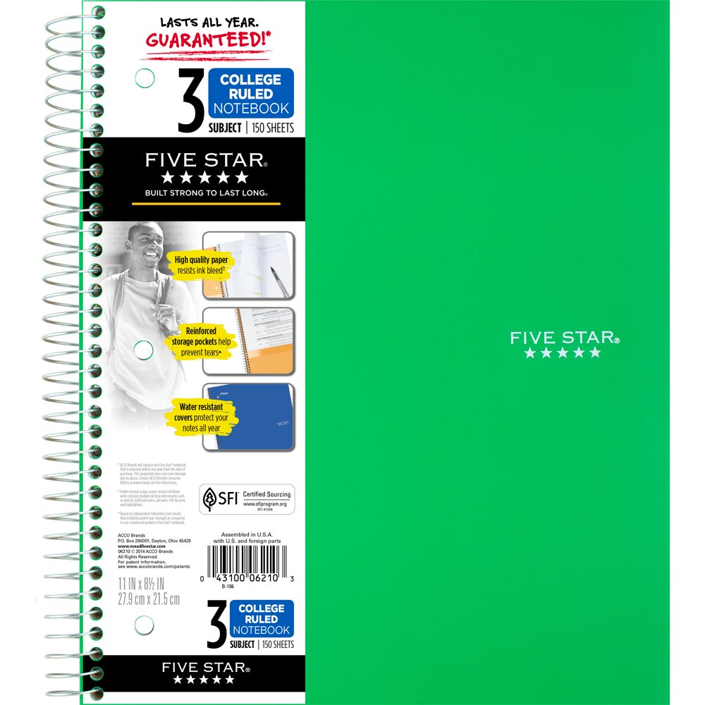 Five Star 3 Subject College Ruled Notebook, Green