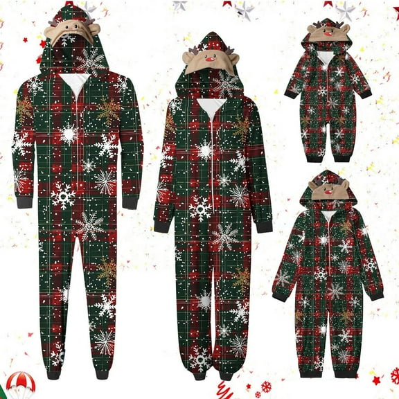 Odeerbi Christmas Onesie Pajamas for Family Holiday Sleep Jumpsuit Long Sleeve Family Christmas Pajamas Matching Sets Dad Fashion Lattice Print Plush Jumpsuit Sleepwear PJs Set Green