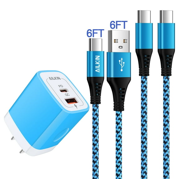 USB C Block 2PACK USB C Cables 6ft,AILKIN 20W PD Type C Charger Block QC3.0 Dual USB Wall Charger Adapter Plug USB C Brick Power Delivery Fast Charge Quick Charging Charger Block,Blue