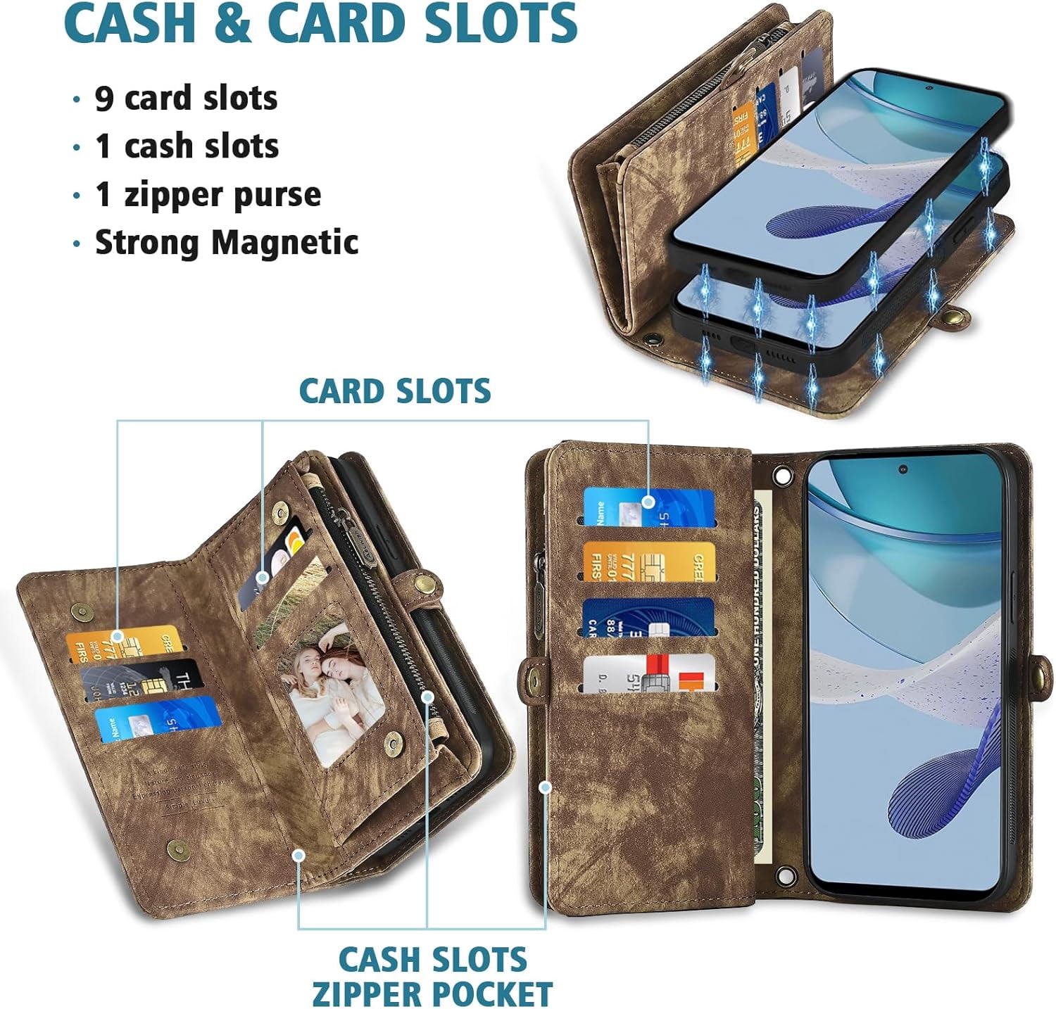 Asuwish Phone Case for Motorola Moto G 5G 2023 Zipper Wallet Detachable Cell Cover with Tempered Glass Screen Protector Crossbody Lanyard Strap Flip Card Holder Slot G5G 5 G G5 Women Men Girls Brown