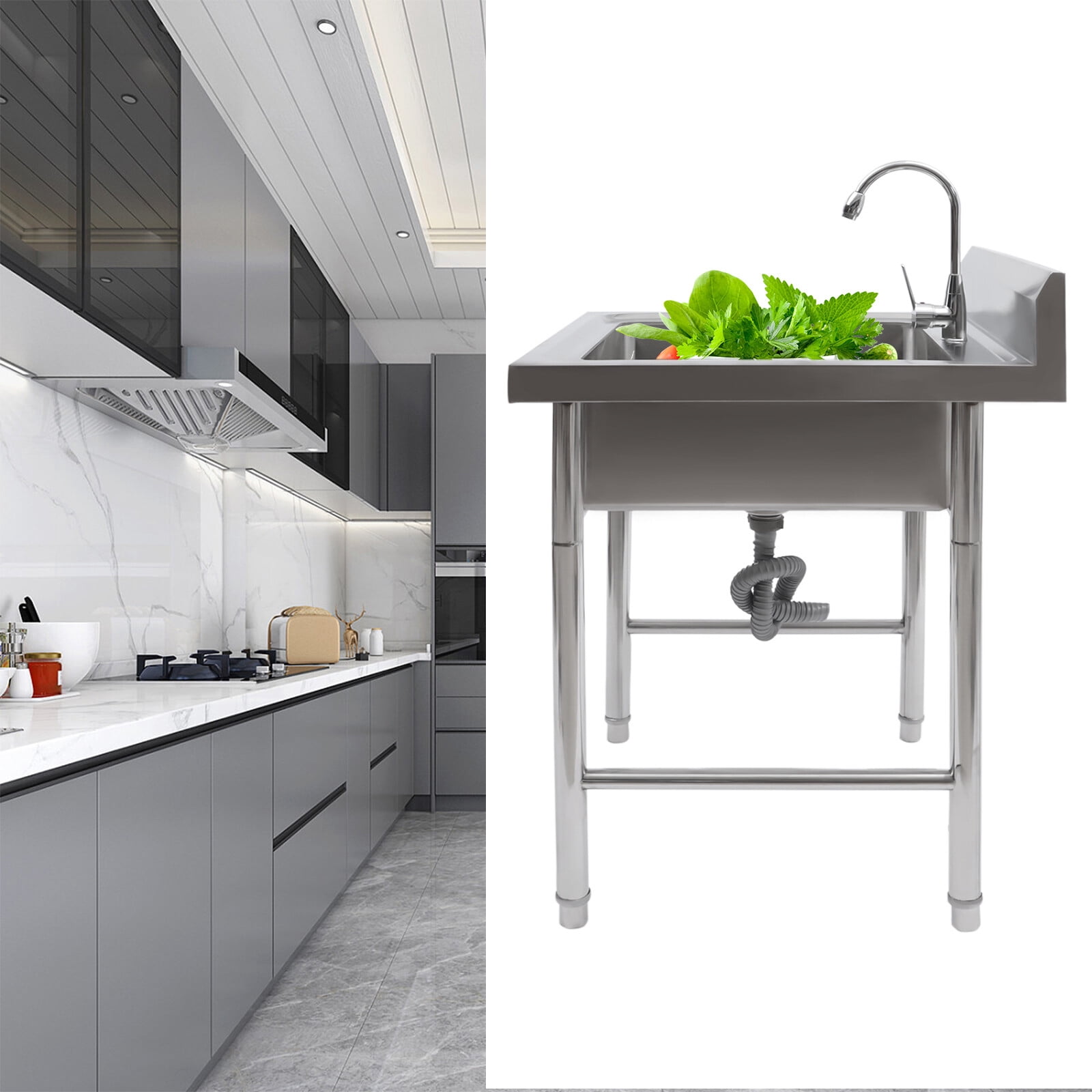 Simple Modern Upgraded Free Standing 304 Stainless Steel Utility Sinks for Laundry Room with Backsplash