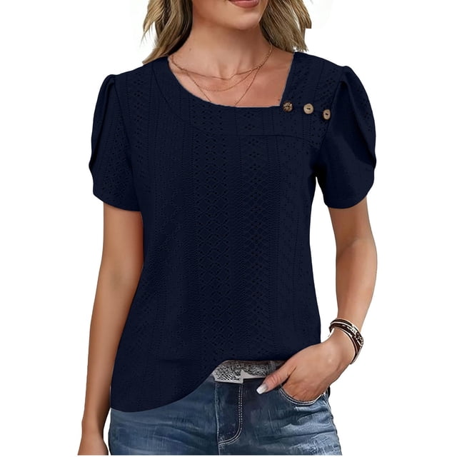TaTaai 2026 Summer Women’s Pa Button Tee Irregular Neck Short Sleeve Cropped Blouse Casual Solid Color Fashion Top Cutout Polyester Daily Shirt Gift