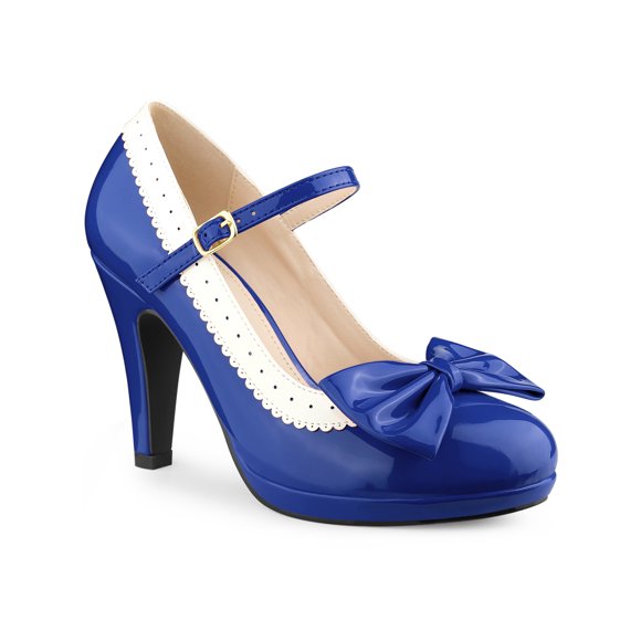 BLISSFUL STEP Women's Mary Jane Pumps Ankle Strap Bow Decor Closed Toe Stiletto Heels Royal Blue 6.5