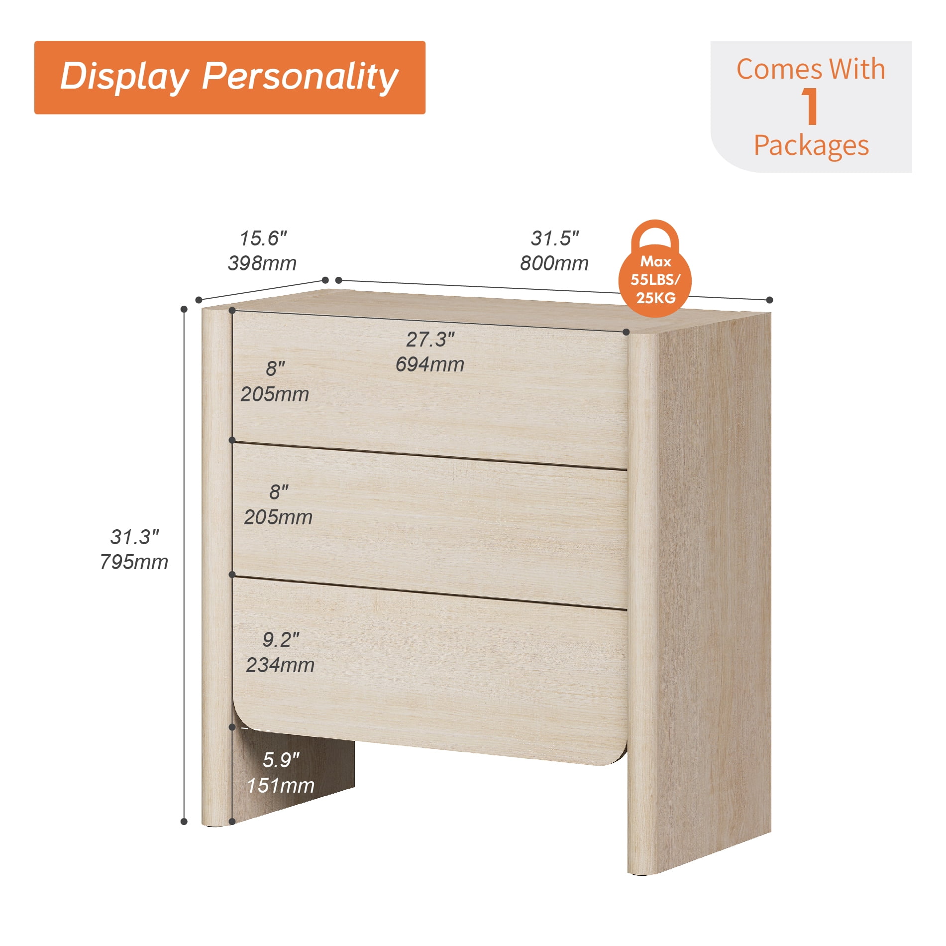 Modern French TV Stand, 31.5-Inch Media Console with 3 Push-to-Open Drawers, Supports TVs up to 36 Inches, Beige