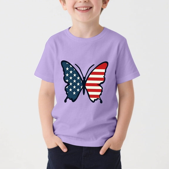 Amidoa Girls Short Sleeve Graphic Cute 4th of July T-Shirts Casual Tops Kids Soft Summer Crewneck Tees Light Blue Size 160