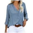 thumbnail image 2 of ICHUANYI 2023 Womens Solid Button Shirts Loose Lapel Long Sleeve Blouses V Neck Casual Tops, 2 of 5