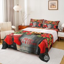 jejeloiu Red Christmas Stocking Bed Sheets,Rustic Highland Cattle King Sheets,Merry Xmas Sheet Set For Girl Boys,Super Cozy Room Decor,4 Pieces