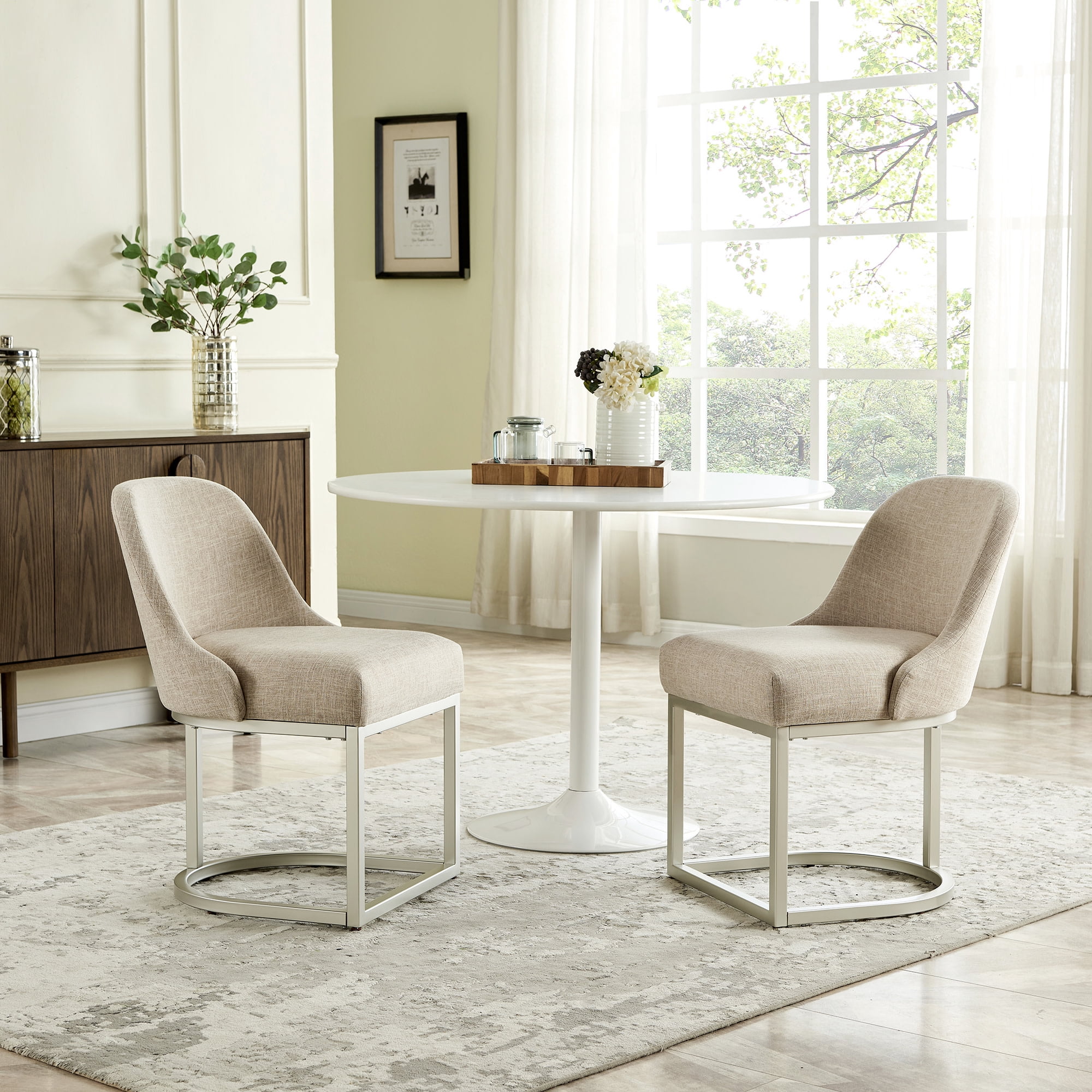 Upholstered Barrelback Dining Chair with Pewter Metal Base, Modern Oatmeal Linen, Set of 2