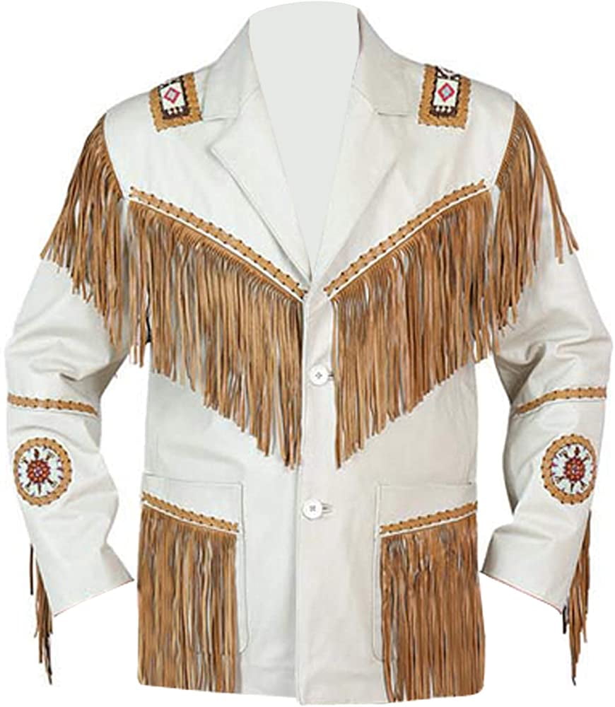 New Cowboy Western Wear Men White Leather Jacket Fringes Beads 