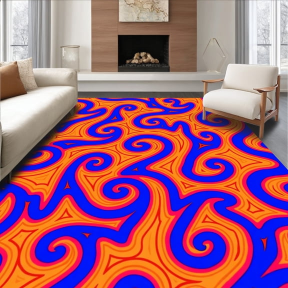 ODIKA 4'x6' Machine Washable Non-Slip Area Rug, Mid Modern Abstract Spiral Motif Pile High Traffic Rug, Orange, 352429