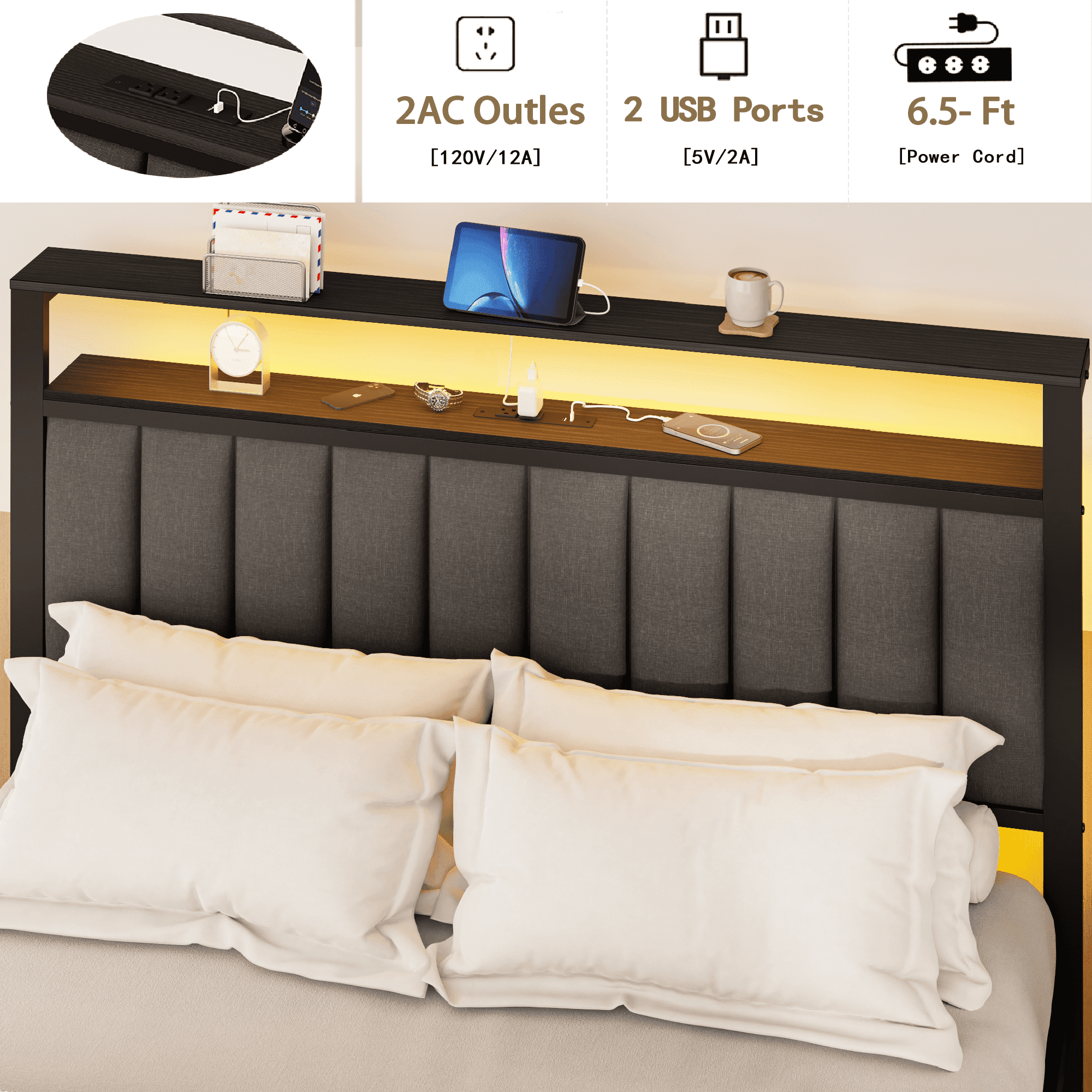 Tydimor Queen Size Platforrm Bed Frame with Charging Station, LED Standard Storage Space Bed for Bedroom, No Box Spring Needed