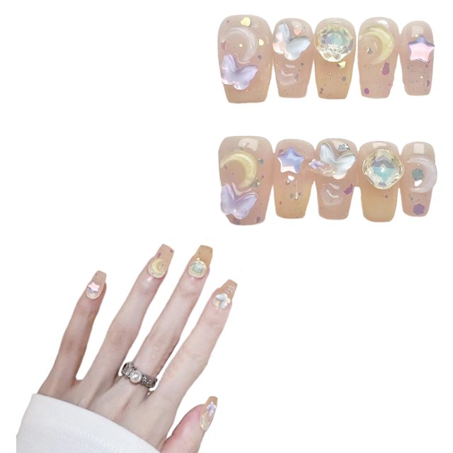 Prensa más corta en uñas, arte de uñas de ataúd mediano con diseño de lujo 3D, uñas postizas reutilizables, 10 piezas con kit de uñas relacionado, 4 tamaños