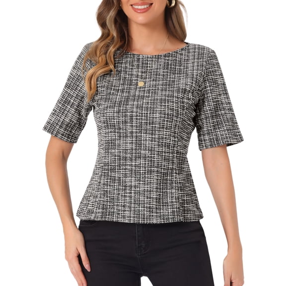 DARING DIVA Women's Tweed Round Neck Pullover Work Office Blouses M Black